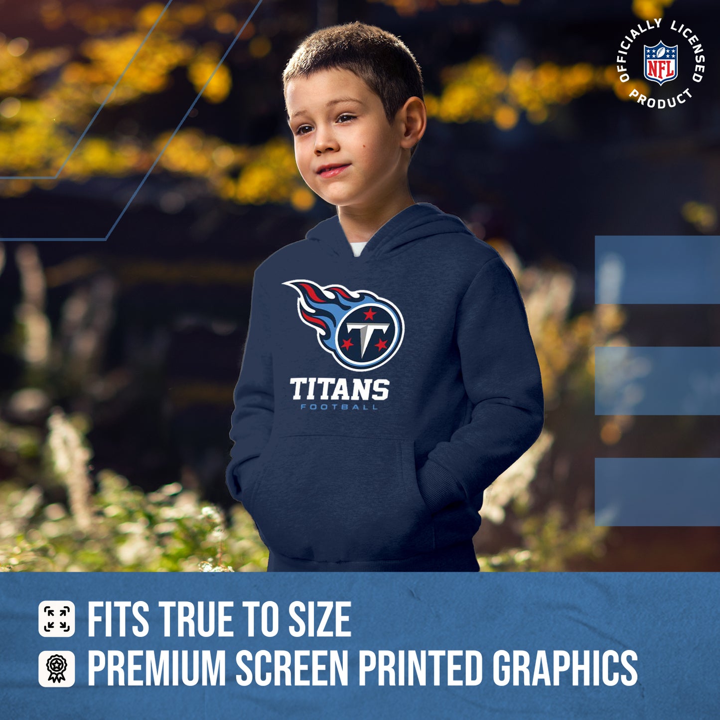 Tennessee Titans Youth NFL Ultimate Fan Logo Fleece Hooded Sweatshirt -Tagless Football Pullover For Kids - Navy