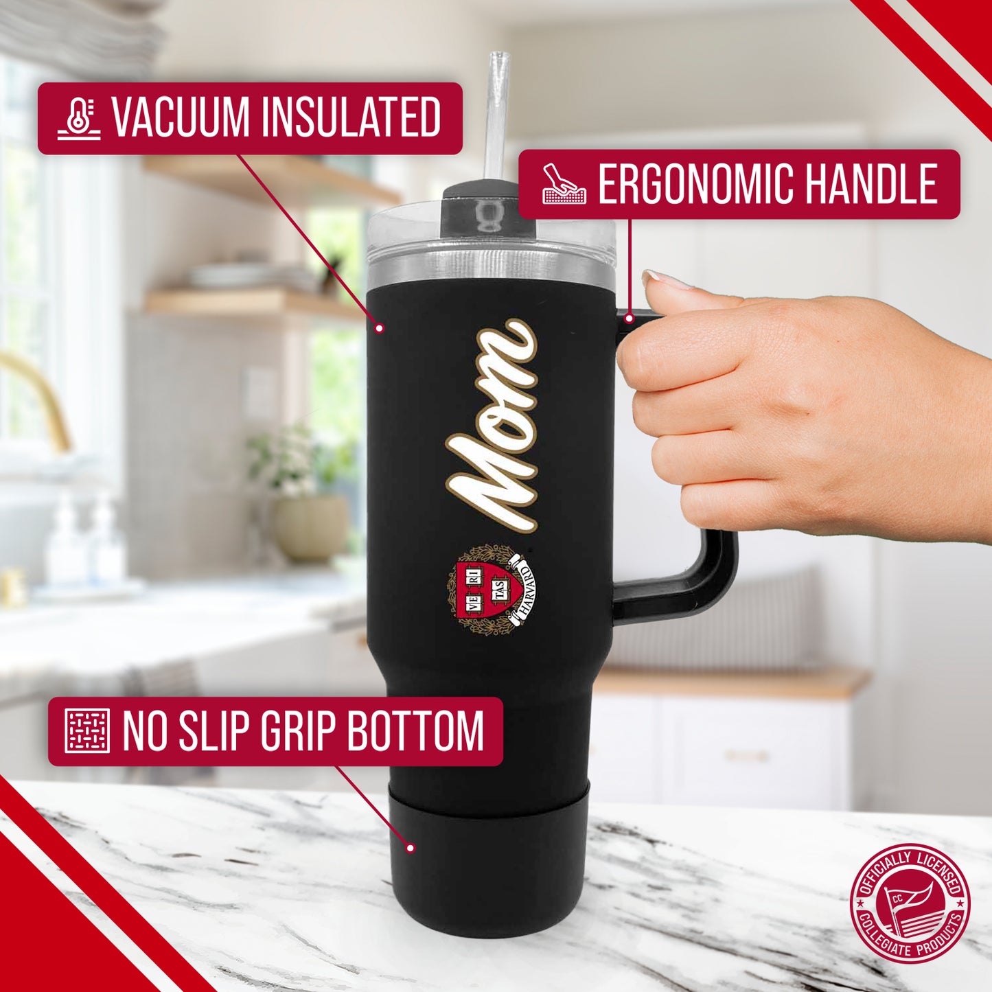 Harvard Crimson Collegiate 40oz Stainless Steel Travel Tumbler with Handle for Mom - Black