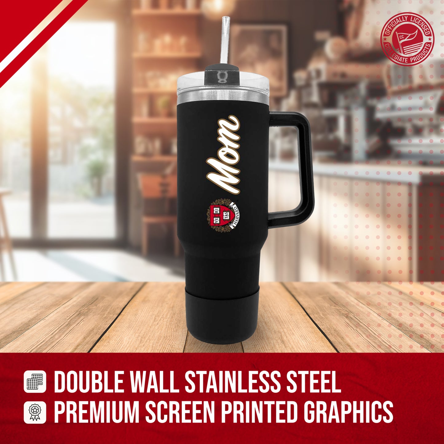 Harvard Crimson Collegiate 40oz Stainless Steel Travel Tumbler with Handle for Mom - Black