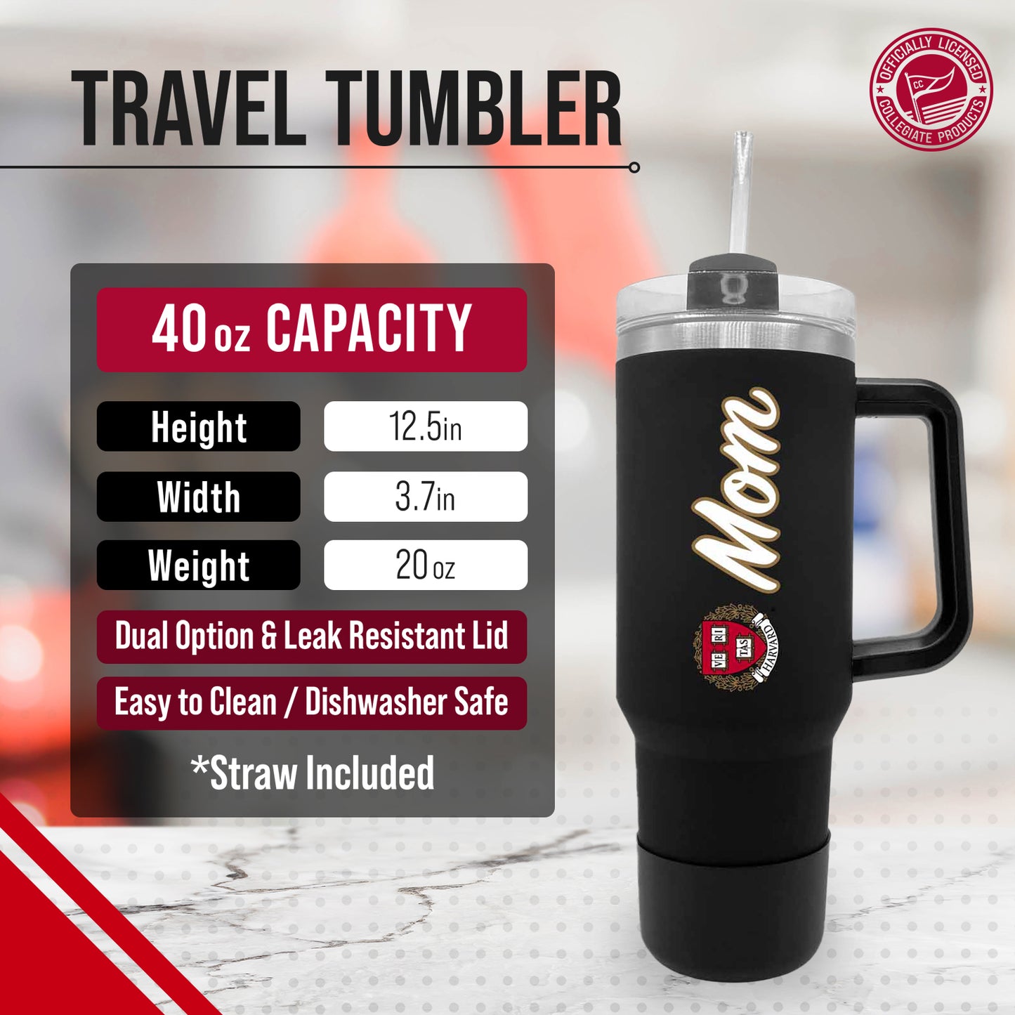 Harvard Crimson Collegiate 40oz Stainless Steel Travel Tumbler with Handle for Mom - Black