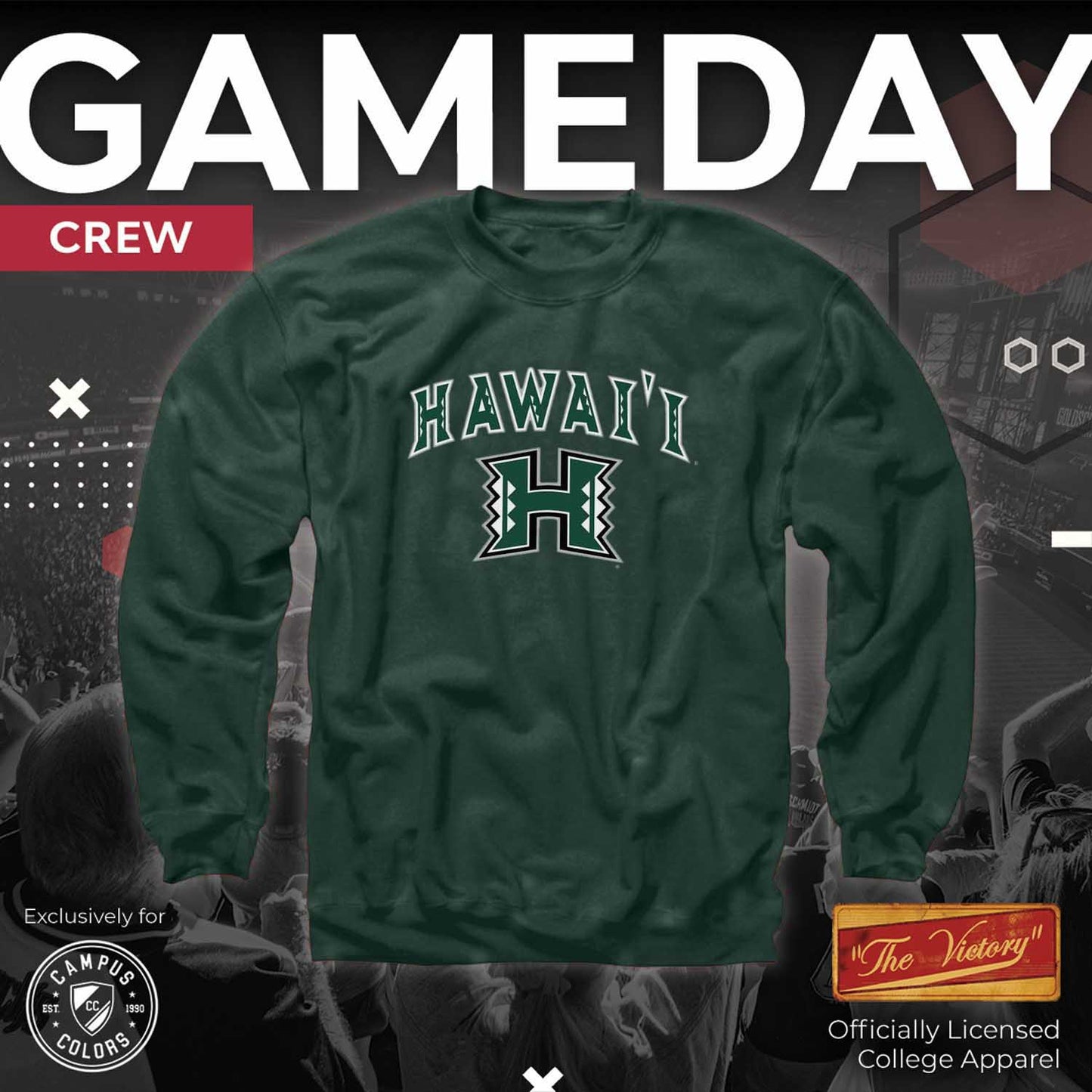 Hawaii Rainbow Warriors Adult Arch & Logo Soft Style Gameday Crewneck Sweatshirt - Green