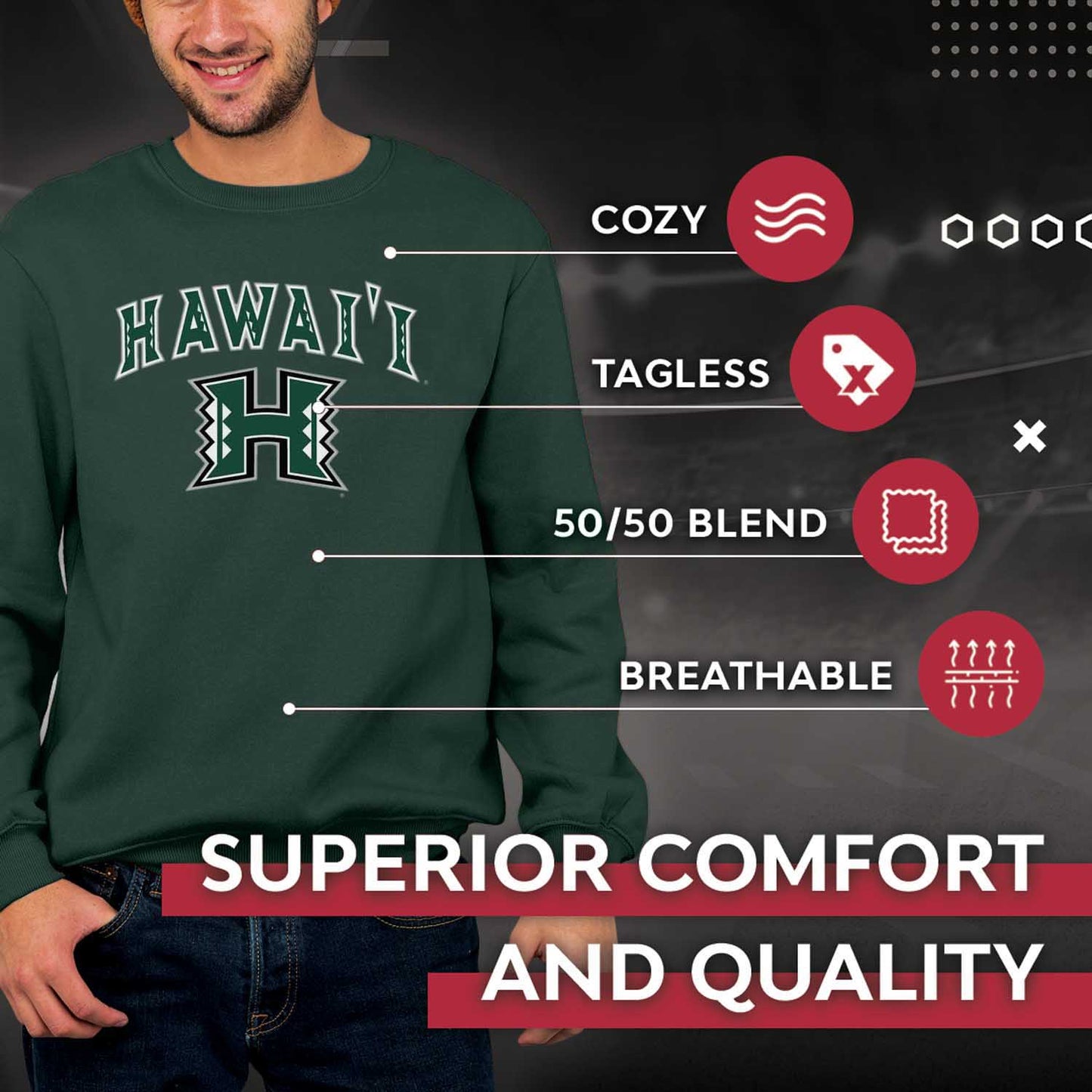 Hawaii Rainbow Warriors Adult Arch & Logo Soft Style Gameday Crewneck Sweatshirt - Green