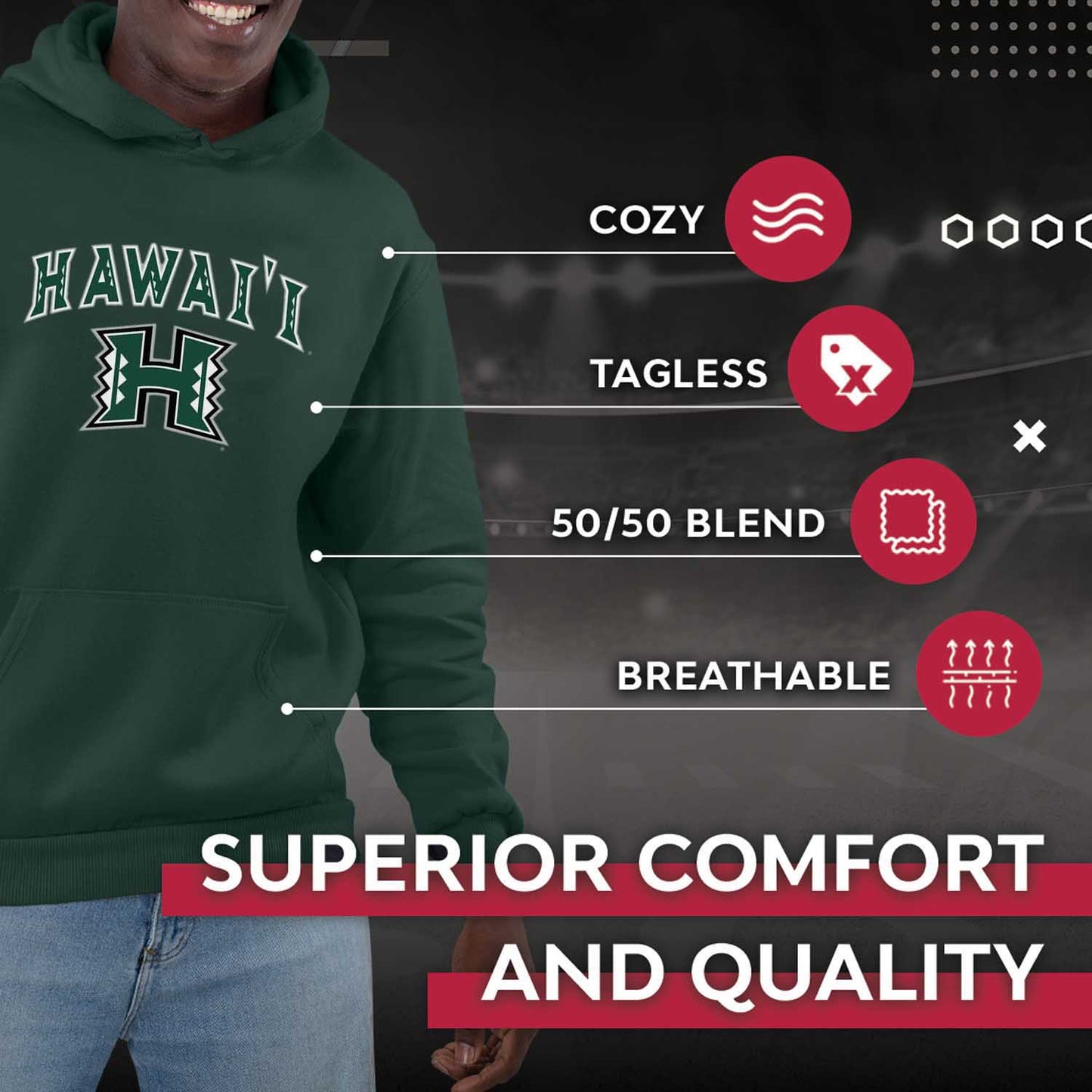Hawaii Rainbow Warriors Adult Arch & Logo Soft Style Gameday Hooded Sweatshirt - Green