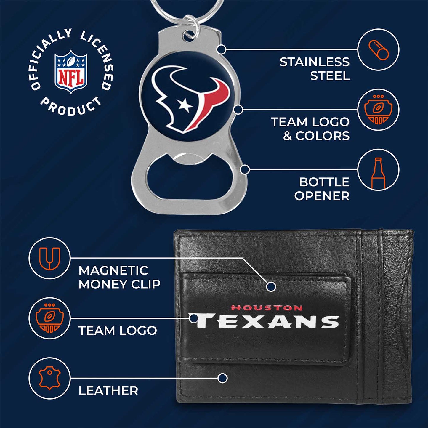 Houston Texans NFL Bottle Opener Keychain Bundle - Black
