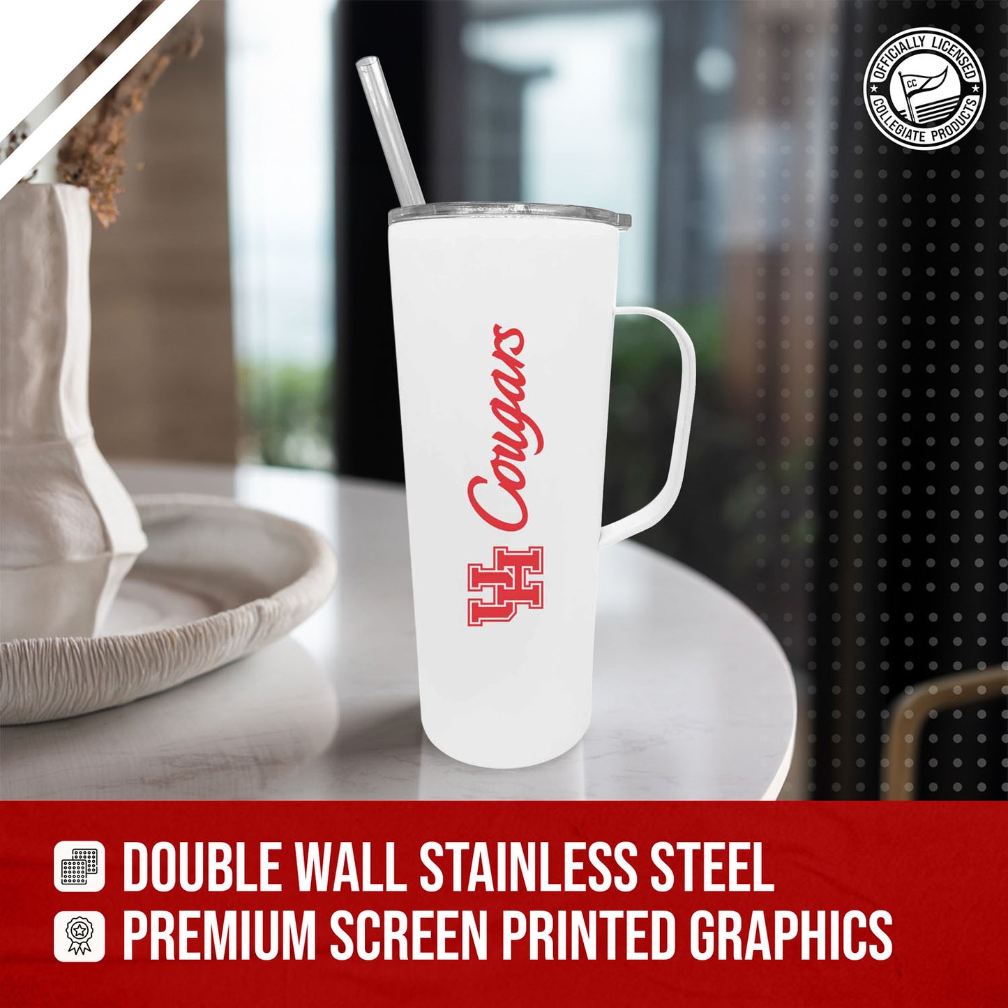 Houston Cougars NCAA Stainless Steel 20oz Roadie With Handle & Dual Option Lid With Straw - White