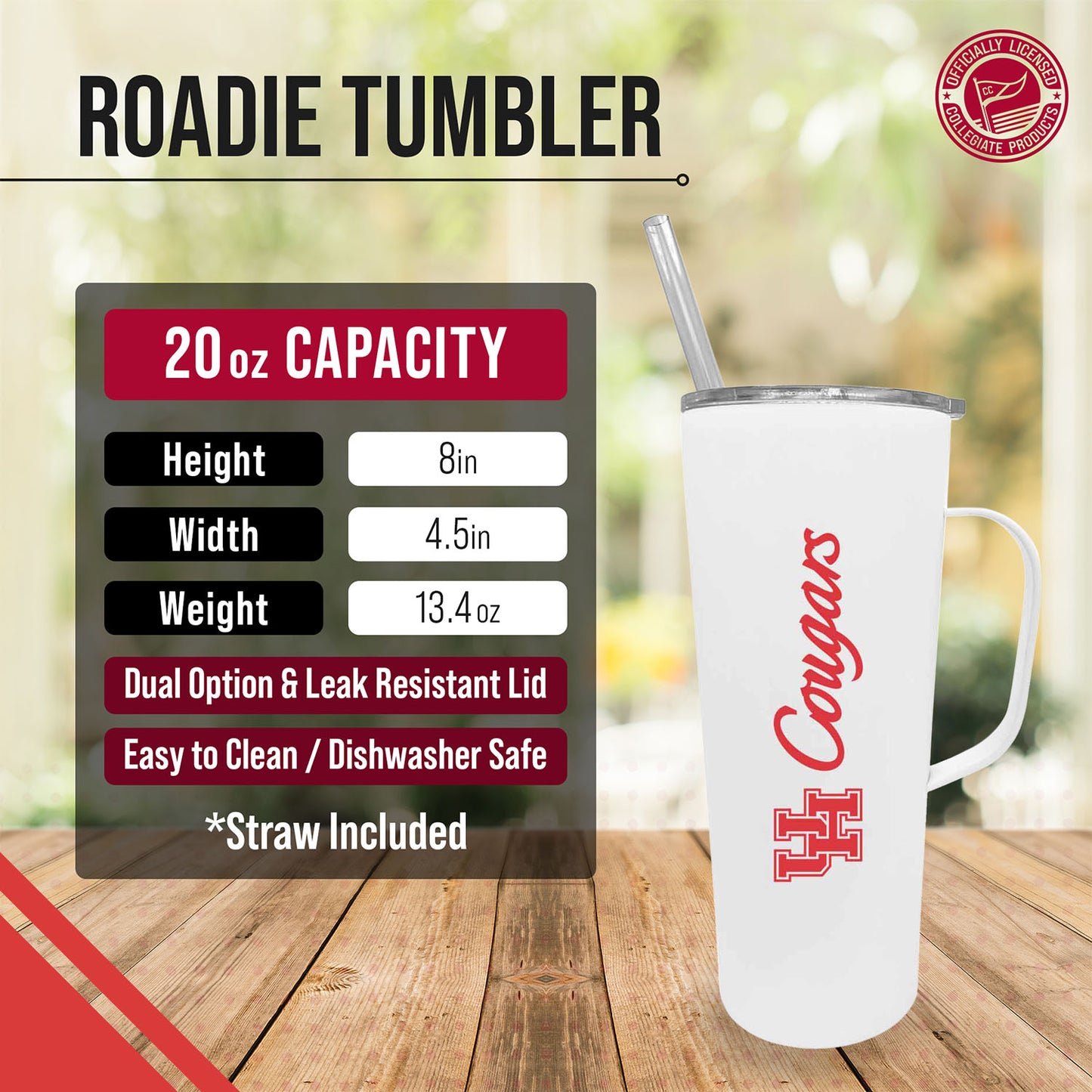 Houston Cougars NCAA Stainless Steel 20oz Roadie With Handle & Dual Option Lid With Straw - White