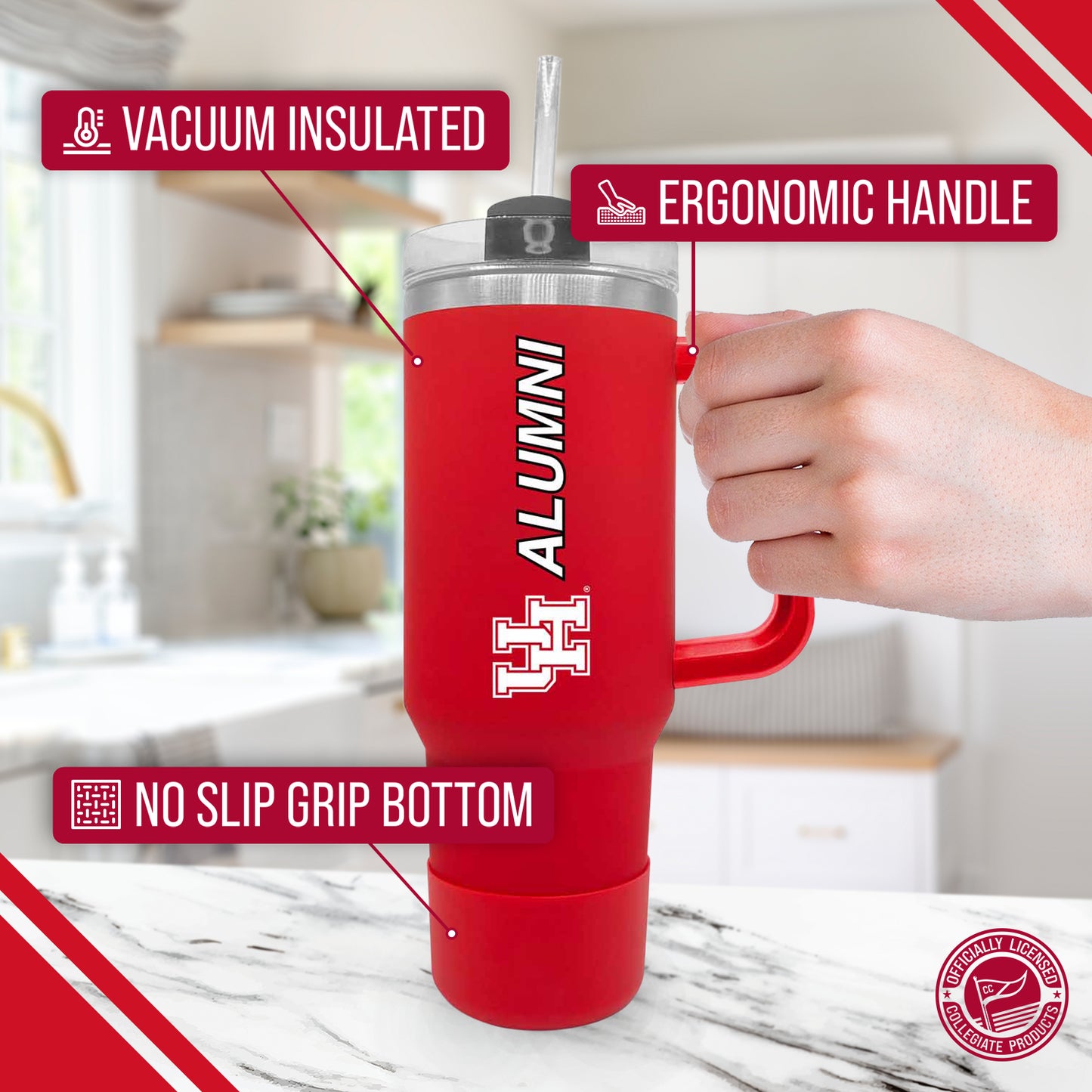 Houston Cougars Collegiate 40oz Stainless Steel Travel Tumbler with Handle for Alumni - Red