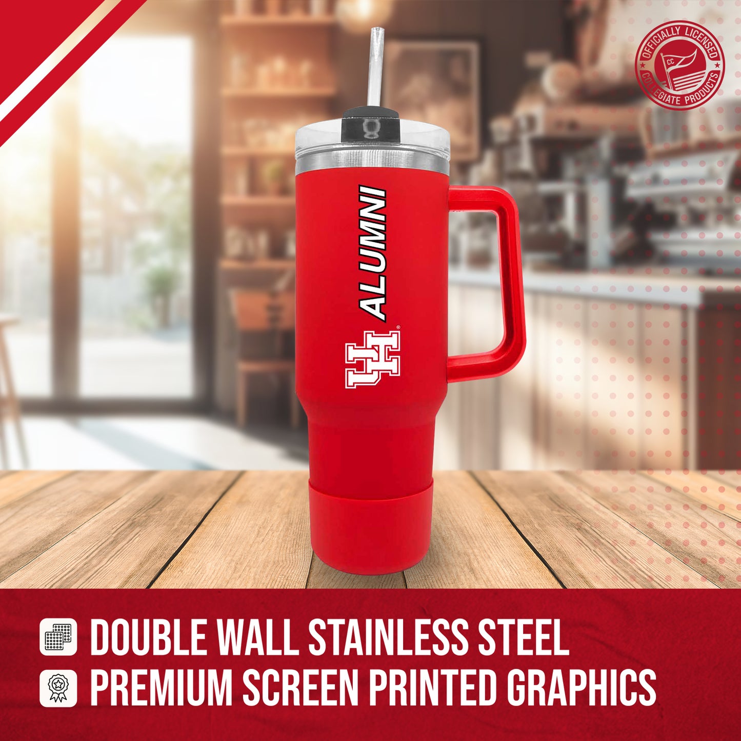 Houston Cougars Collegiate 40oz Stainless Steel Travel Tumbler with Handle for Alumni - Red