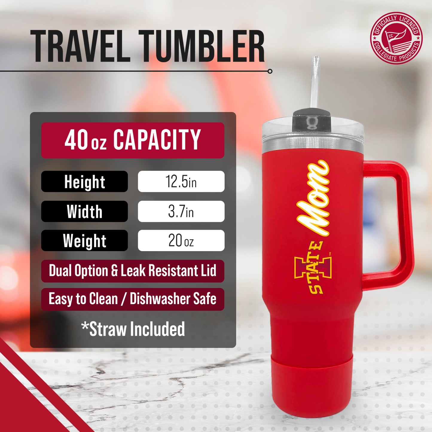 Iowa State Cyclones Collegiate 40oz Stainless Steel Travel Tumbler with Handle for Mom - Cardinal