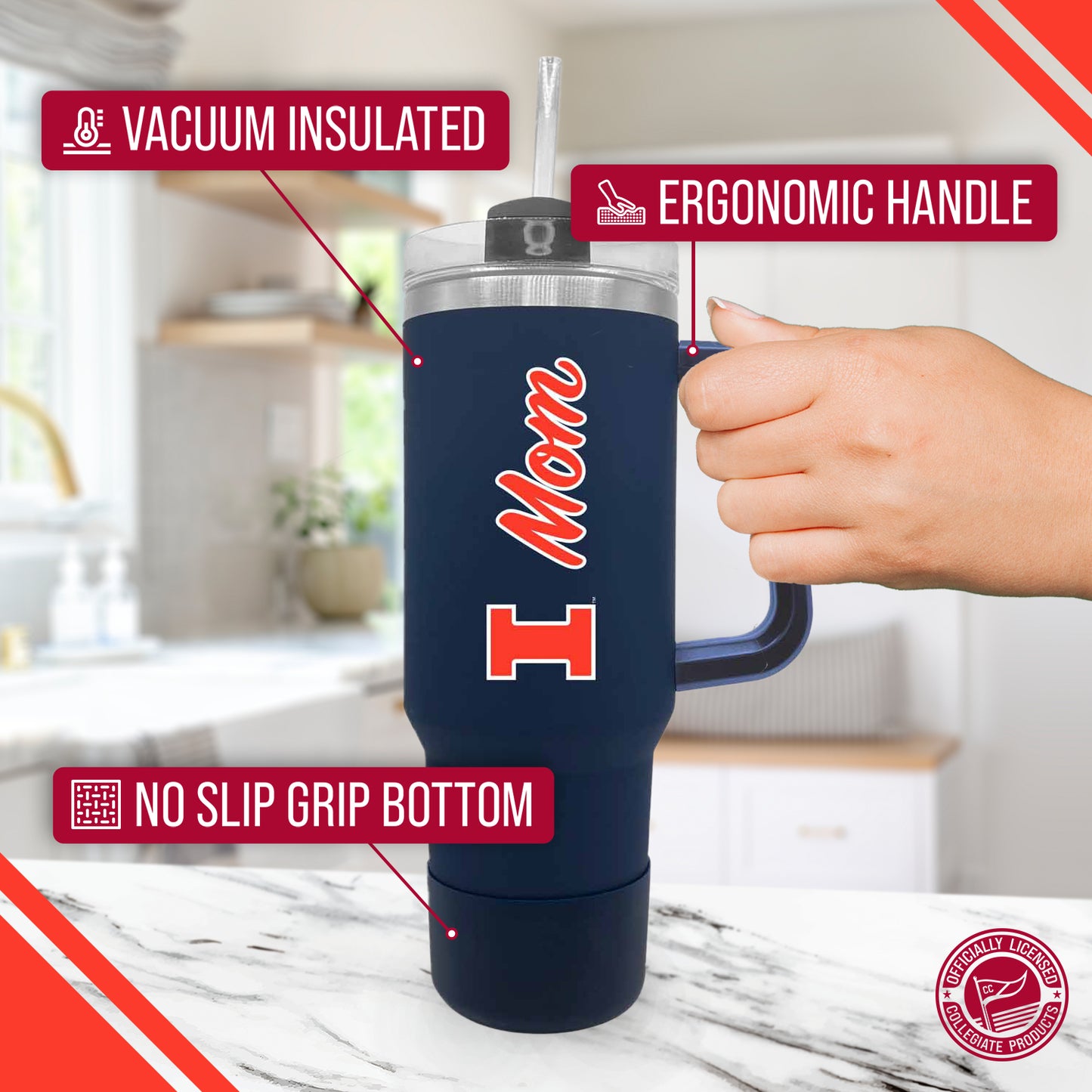 Illinois Fighting Illini Collegiate 40oz Stainless Steel Travel Tumbler with Handle for Mom - Navy