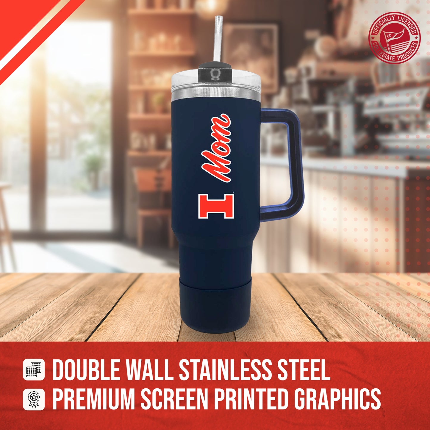 Illinois Fighting Illini Collegiate 40oz Stainless Steel Travel Tumbler with Handle for Mom - Navy