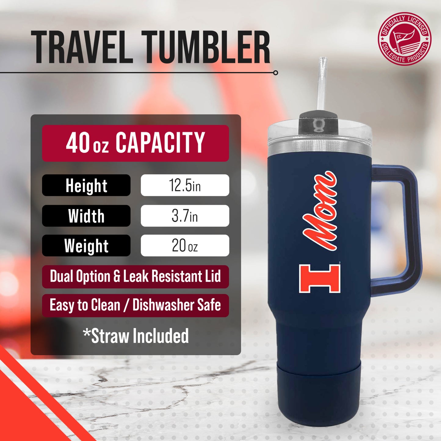 Illinois Fighting Illini Collegiate 40oz Stainless Steel Travel Tumbler with Handle for Mom - Navy