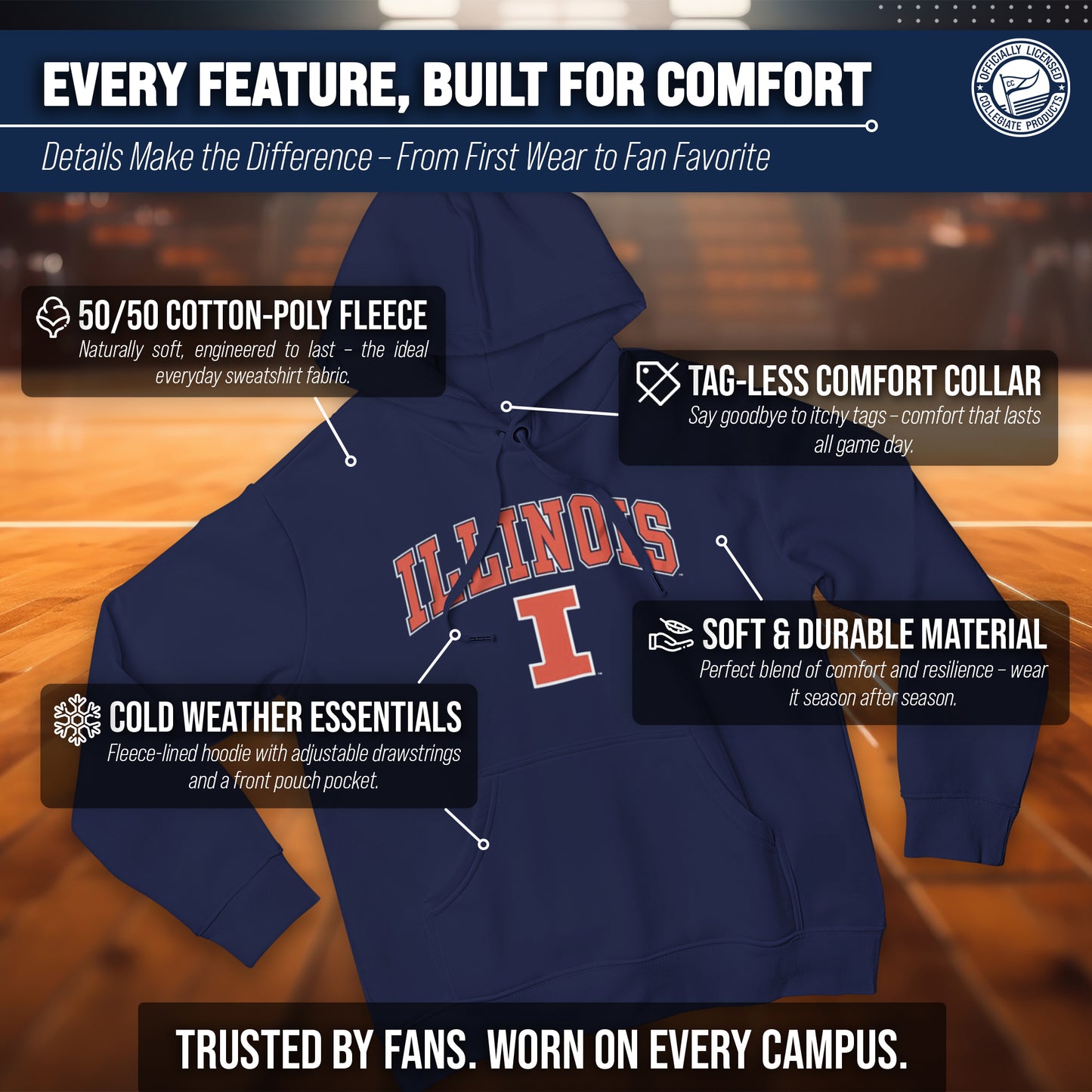 Illinois Fighting Illini Adult Arch & Logo Soft Style Gameday Hooded Sweatshirt - Navy