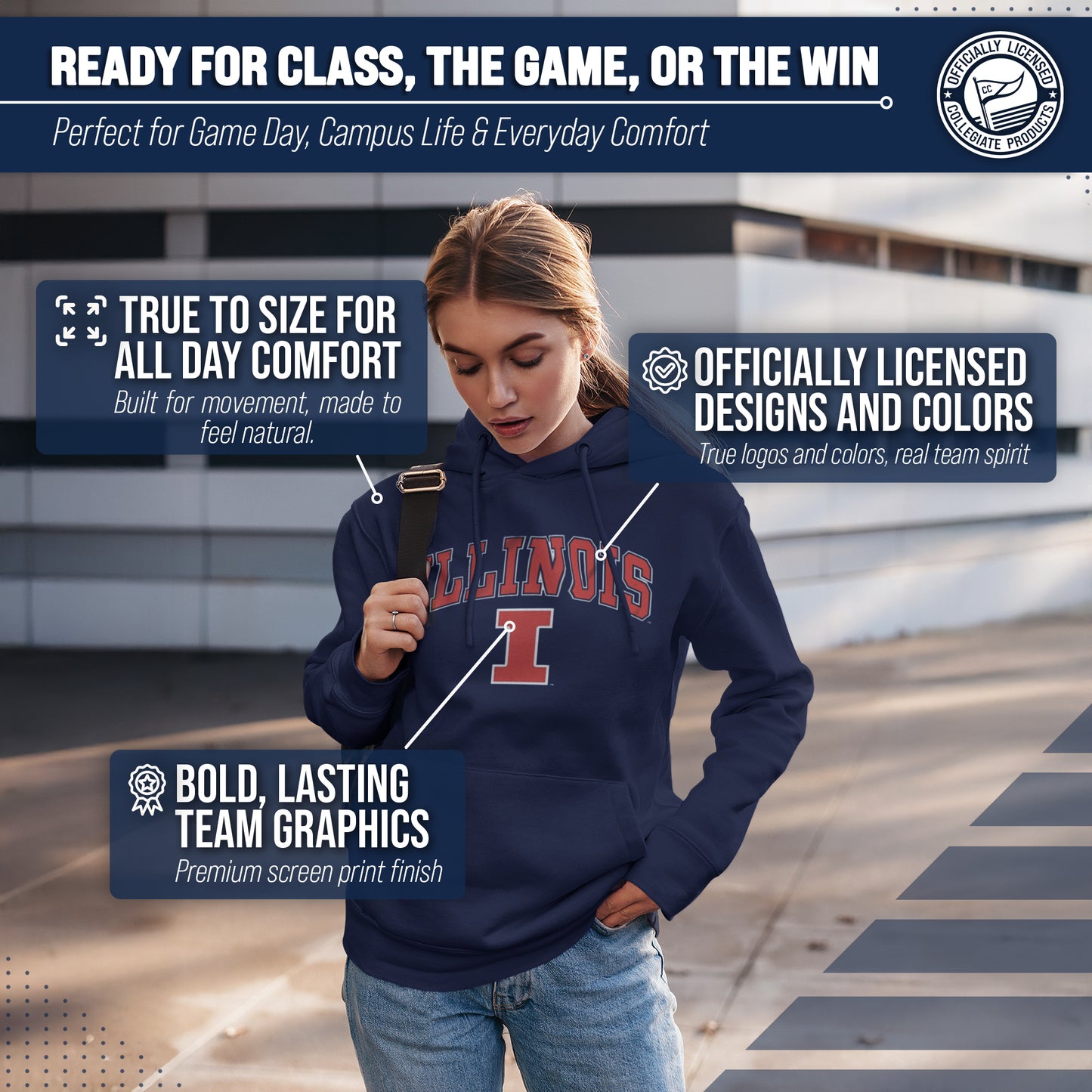 Illinois Fighting Illini Adult Arch & Logo Soft Style Gameday Hooded Sweatshirt - Navy