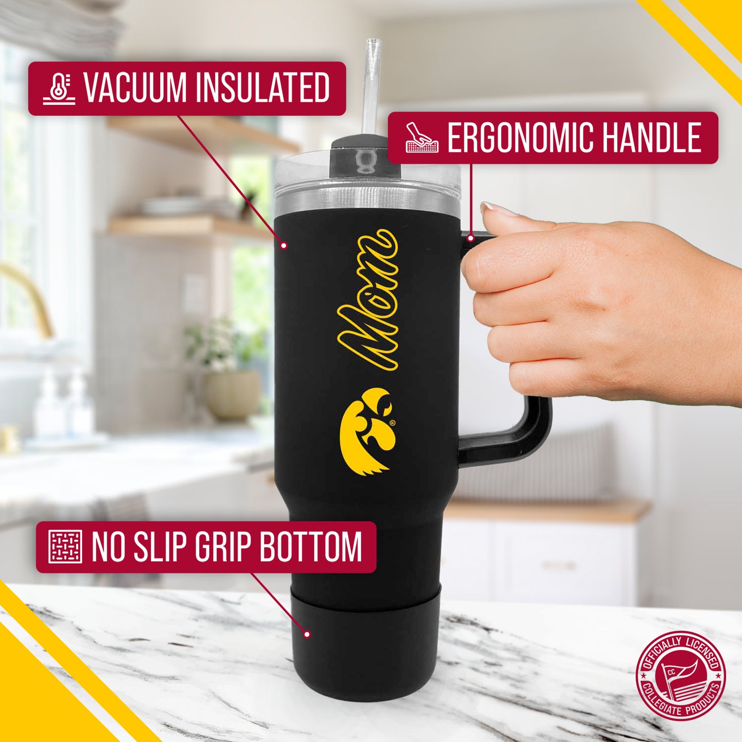 Iowa Hawkeyes Collegiate 40oz Stainless Steel Travel Tumbler with Handle for Mom - Black