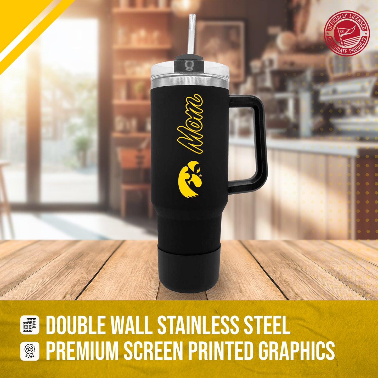 Iowa Hawkeyes Collegiate 40oz Stainless Steel Travel Tumbler with Handle for Mom - Black