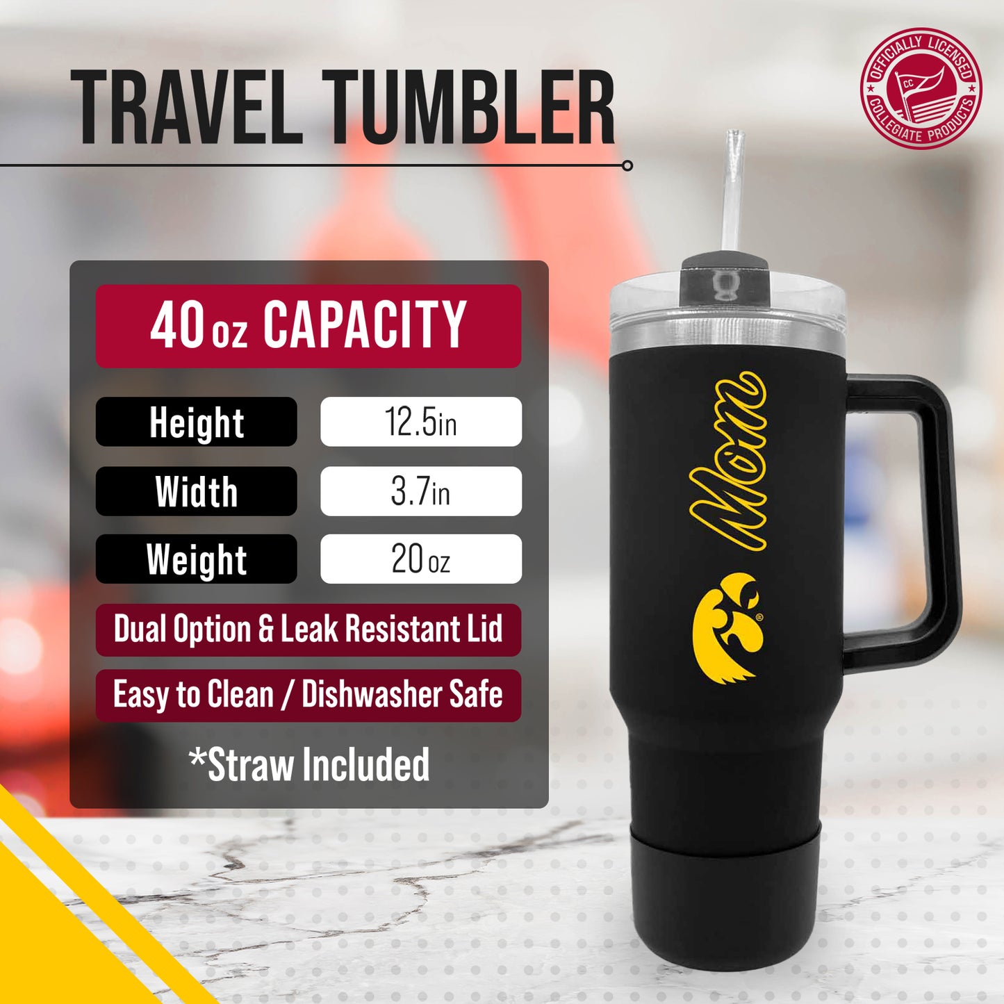 Iowa Hawkeyes Collegiate 40oz Stainless Steel Travel Tumbler with Handle for Mom - Black