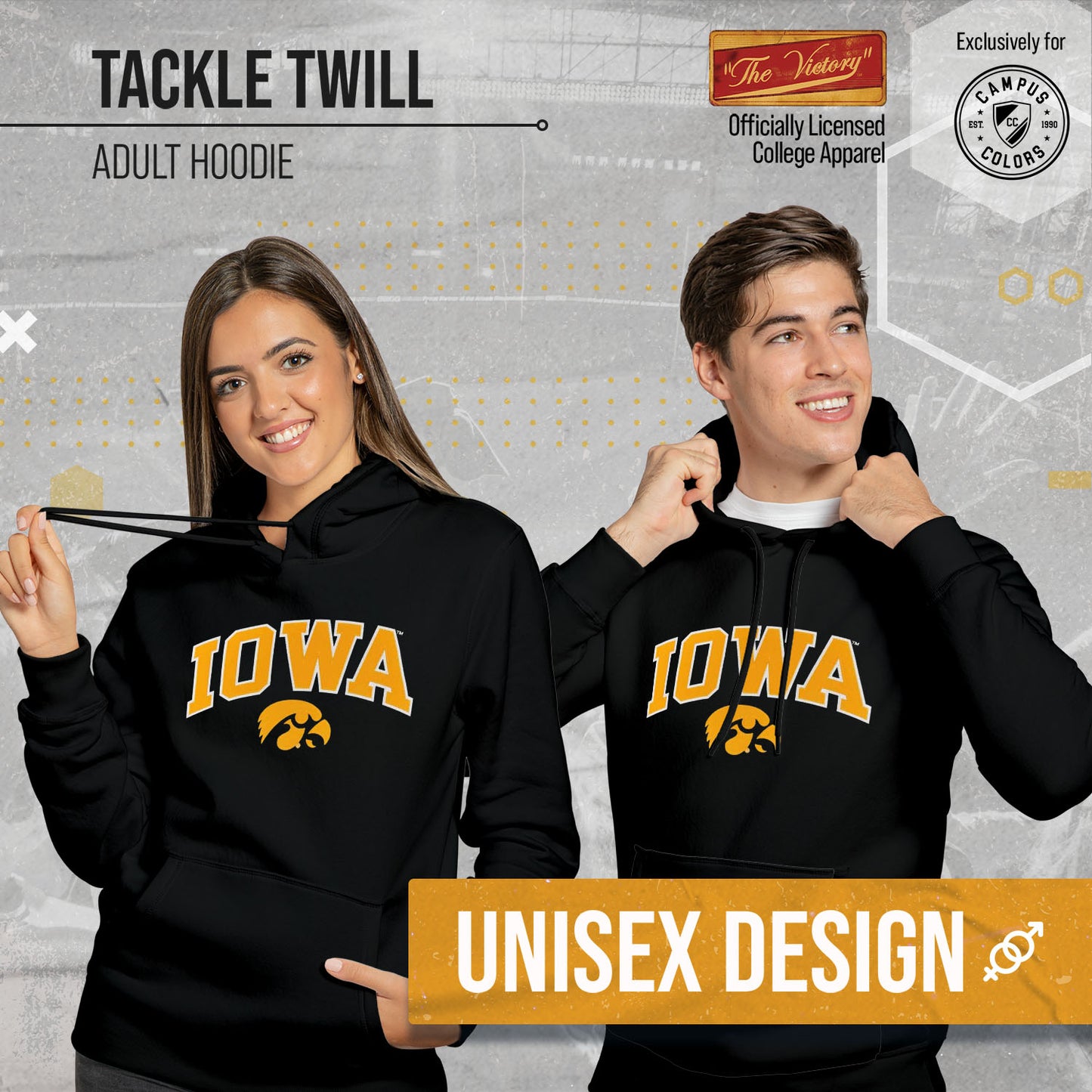 Iowa Hawkeyes NCAA Adult Tackle Twill Hooded Sweatshirt - Black
