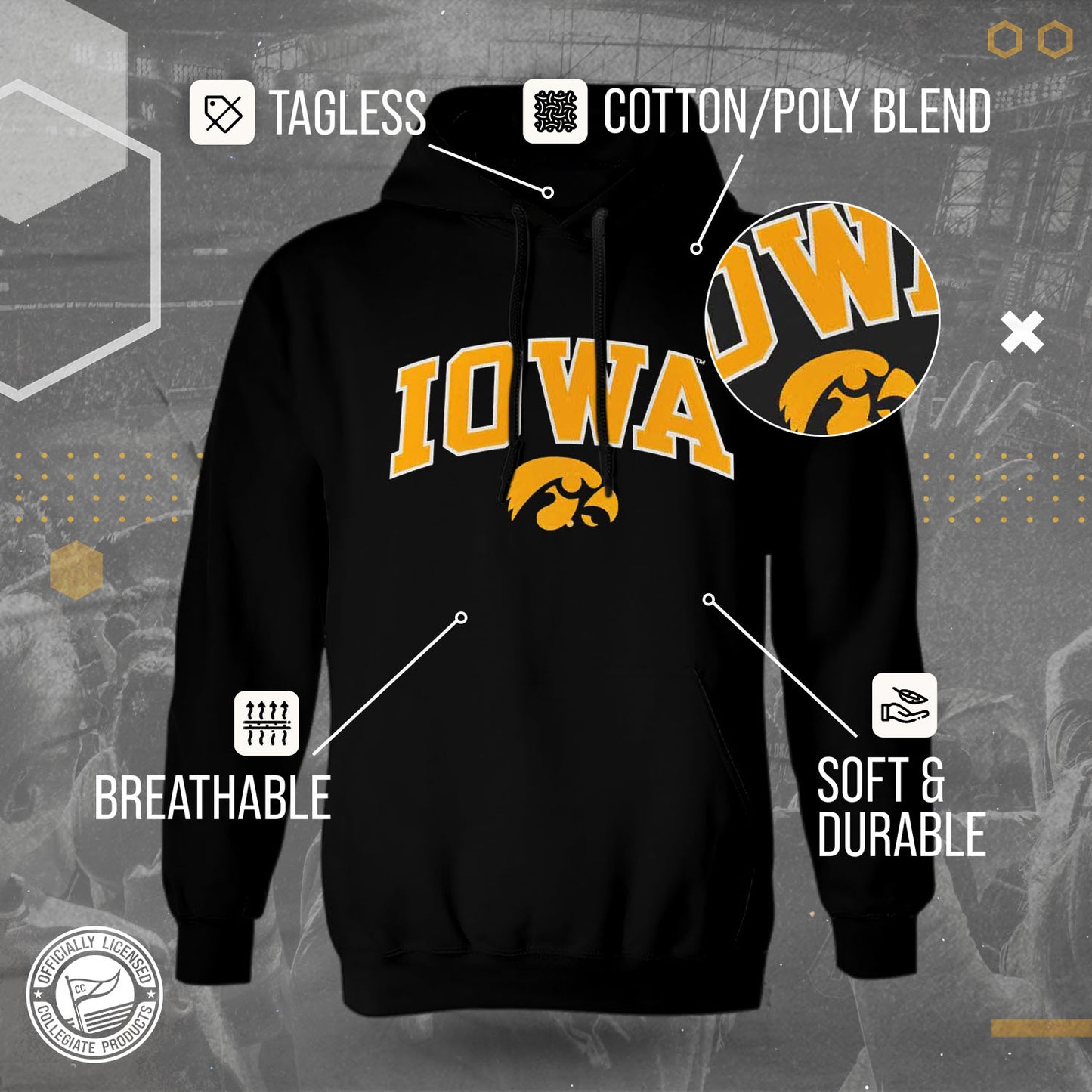 Iowa Hawkeyes NCAA Adult Tackle Twill Hooded Sweatshirt - Black