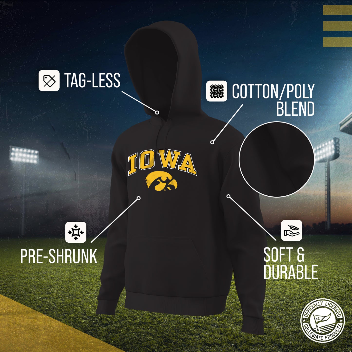 Iowa Hawkeyes Adult Arch & Logo Soft Style Gameday Hooded Sweatshirt - Black