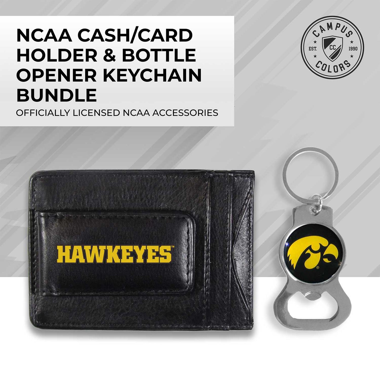 Iowa Hawkeyes School Logo Leather Card/Cash Holder and Bottle Opener Keychain Bundle - Black