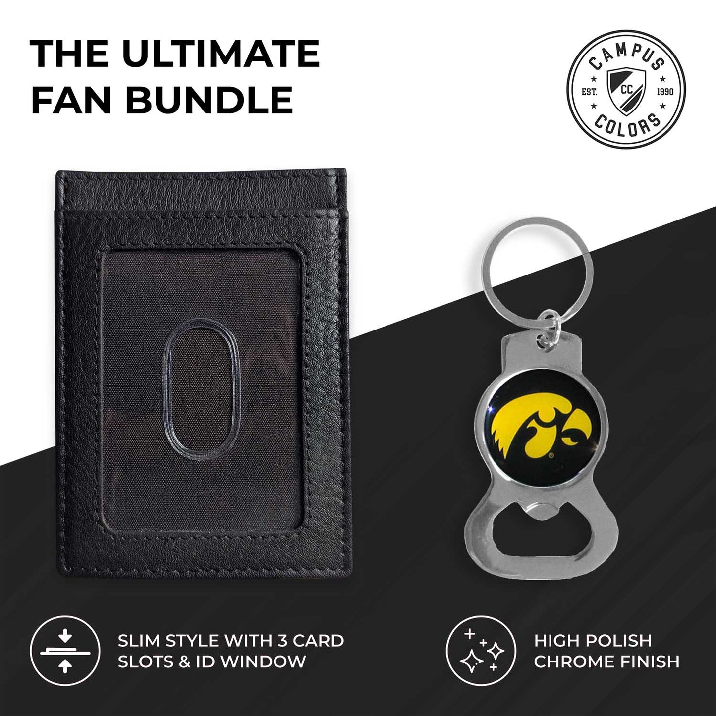 Iowa Hawkeyes School Logo Leather Card/Cash Holder and Bottle Opener Keychain Bundle - Black