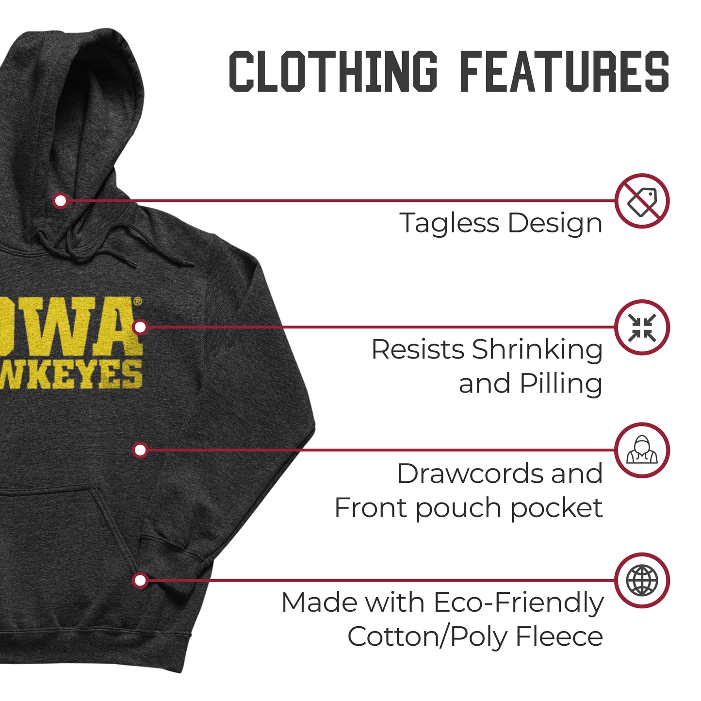 Iowa Hawkeyes NCAA Adult Cotton Blend Charcoal Hooded Sweatshirt - Charcoal