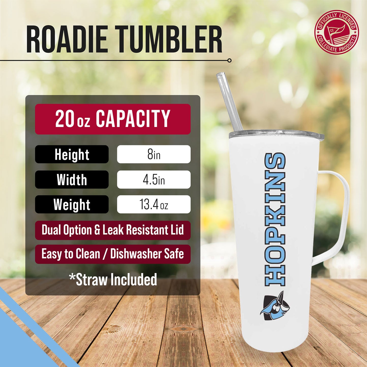 Johns Hopkins Blue Jays NCAA Stainless Steel 20oz Roadie With Handle & Dual Option Lid With Straw - White