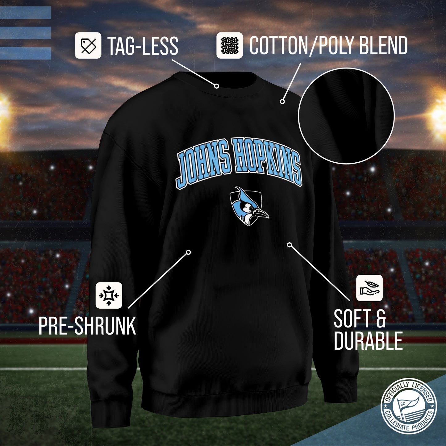 Johns Hopkins Blue Jays Adult Arch & Logo Soft Style Gameday Crewneck Sweatshirt - Black