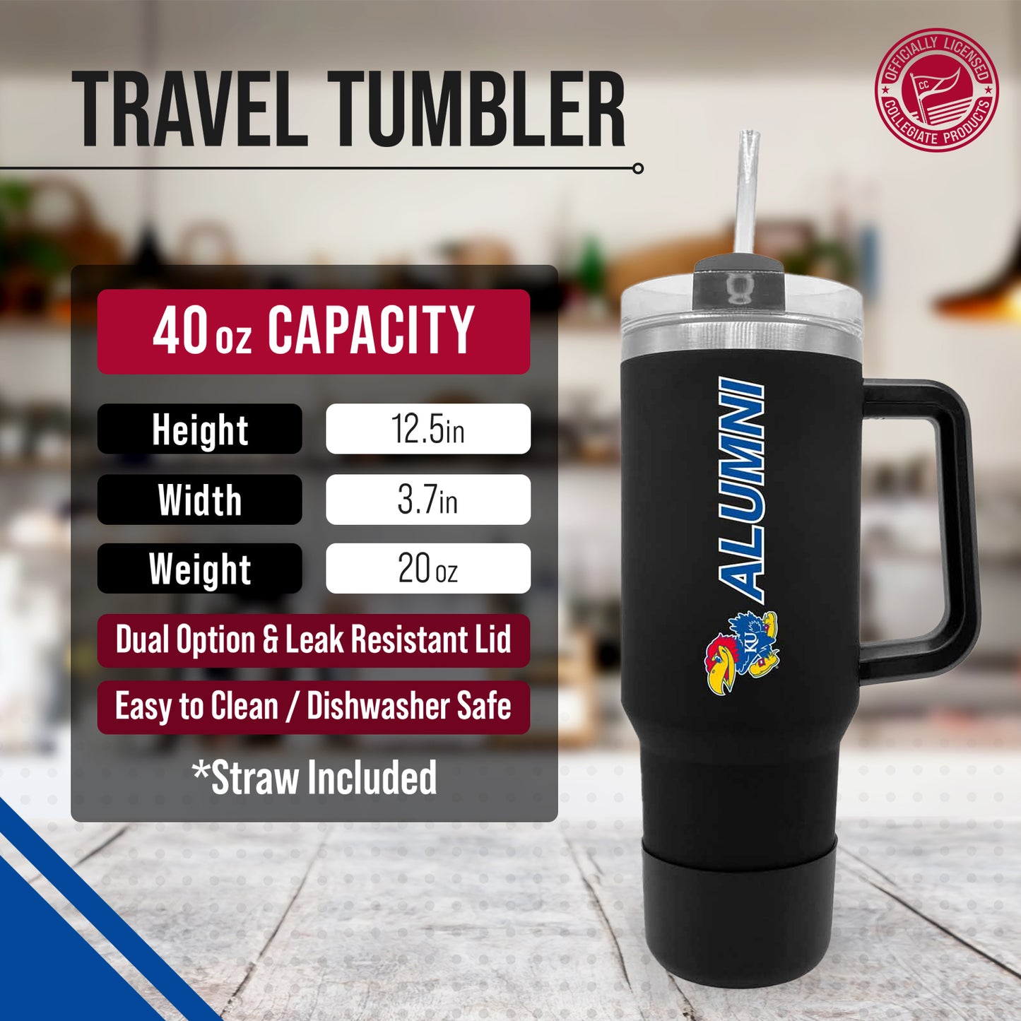Kansas Jayhawks Collegiate 40oz Stainless Steel Travel Tumbler with Handle for Alumni - Black