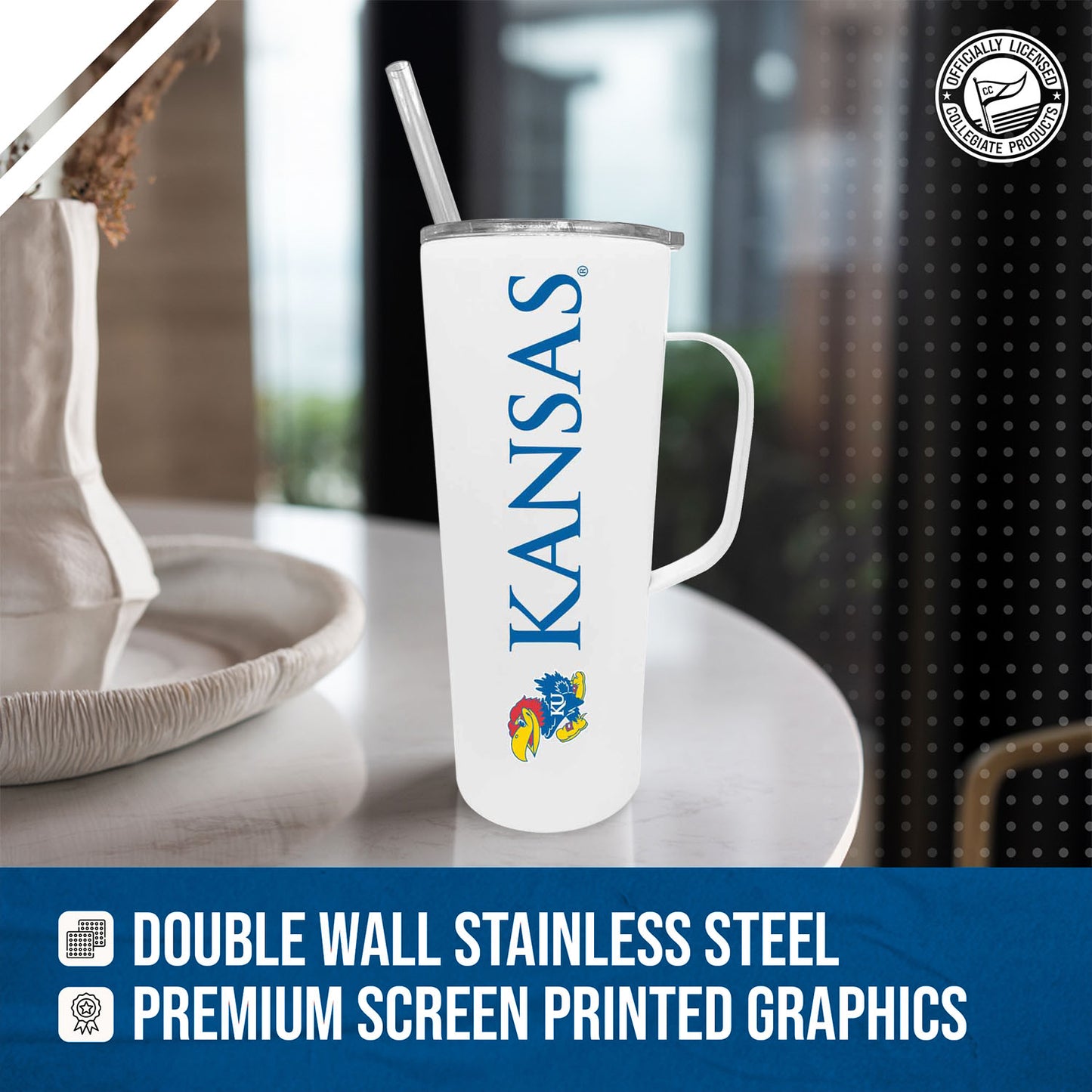 Kansas Jayhawks NCAA Stainless Steel 20oz Roadie With Handle & Dual Option Lid With Straw - White