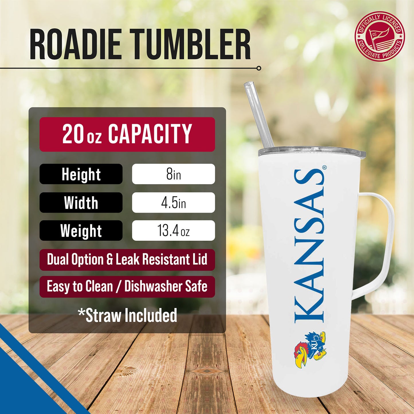 Kansas Jayhawks NCAA Stainless Steel 20oz Roadie With Handle & Dual Option Lid With Straw - White