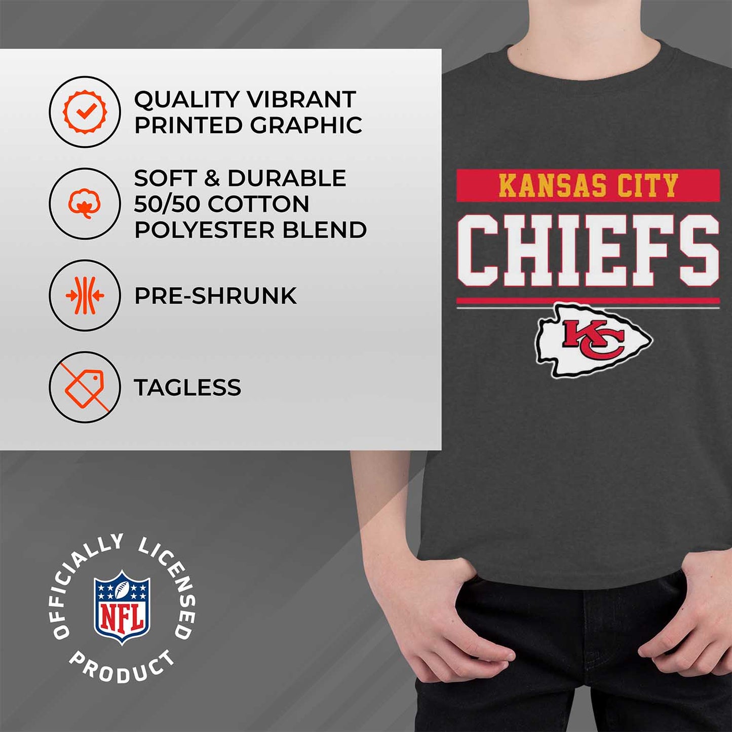Kansas City Chiefs NFL Youth Short Sleeve Charcoal T Shirt - Charcoal