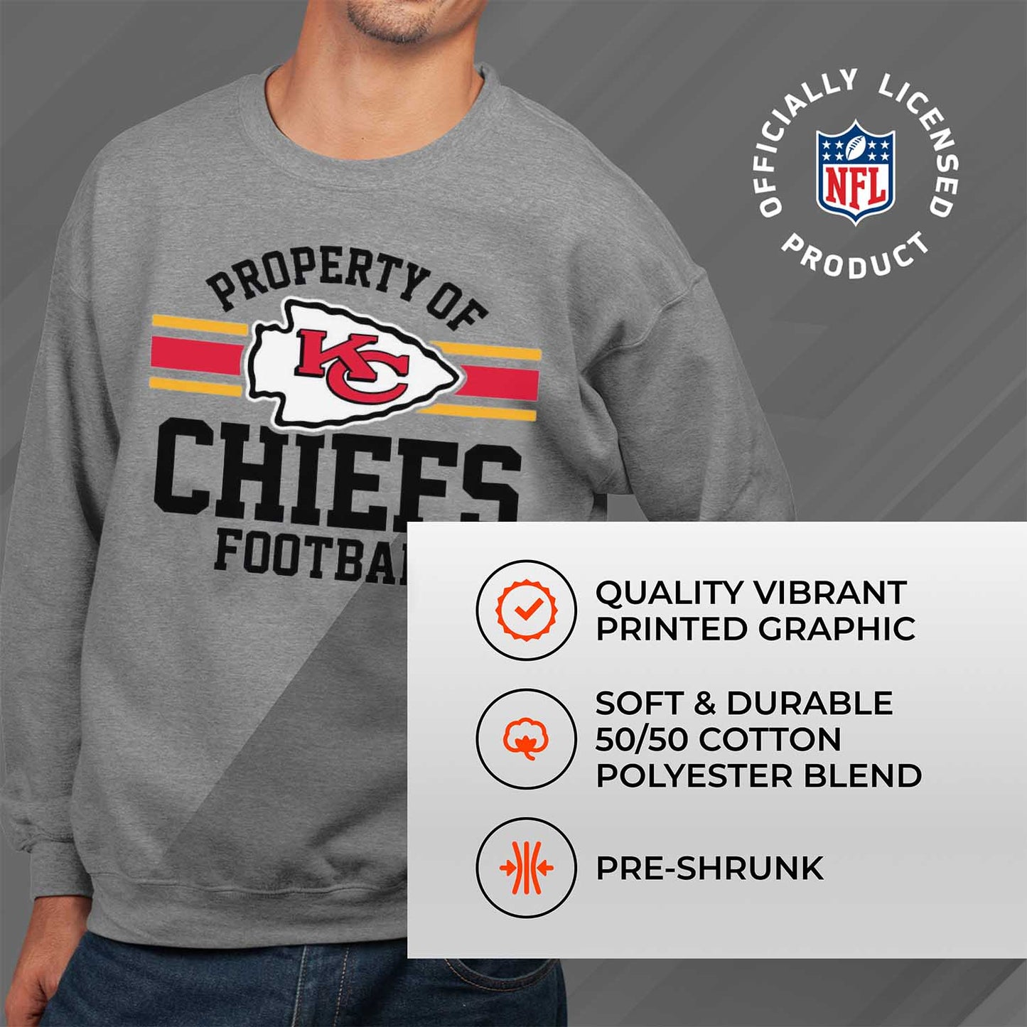 Kansas City Chiefs NFL Adult Property Of Crewneck Fleece Sweatshirt - Sport Gray