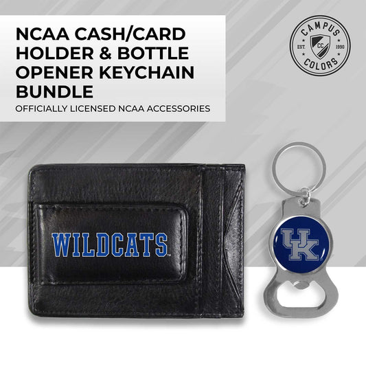 Kentucky Wildcats School Logo Leather Card/Cash Holder and Bottle Opener Keychain Bundle - Black