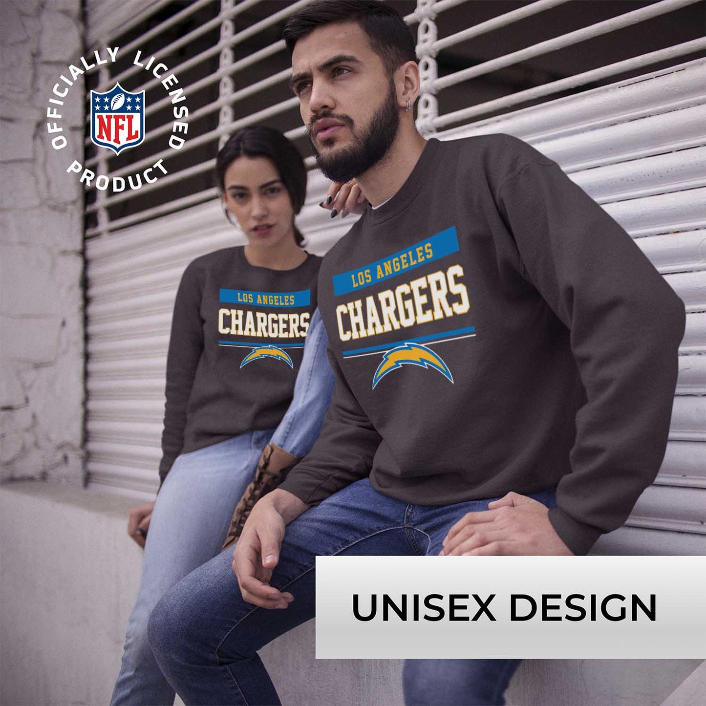 Los Angeles Chargers NFL Adult Long Sleeve Team Block Charcoal Crewneck Sweatshirt - Charcoal