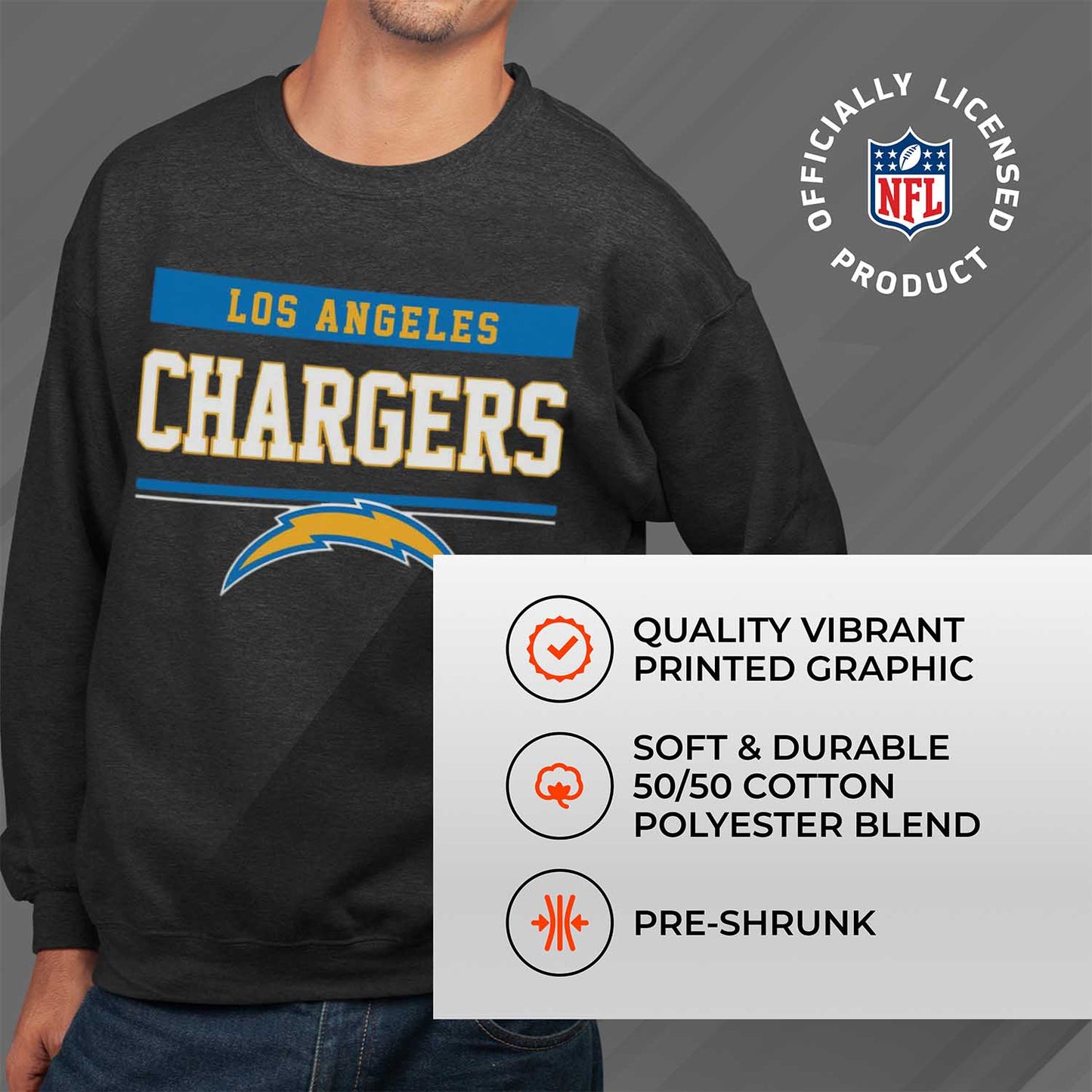 Los Angeles Chargers NFL Adult Long Sleeve Team Block Charcoal Crewneck Sweatshirt - Charcoal