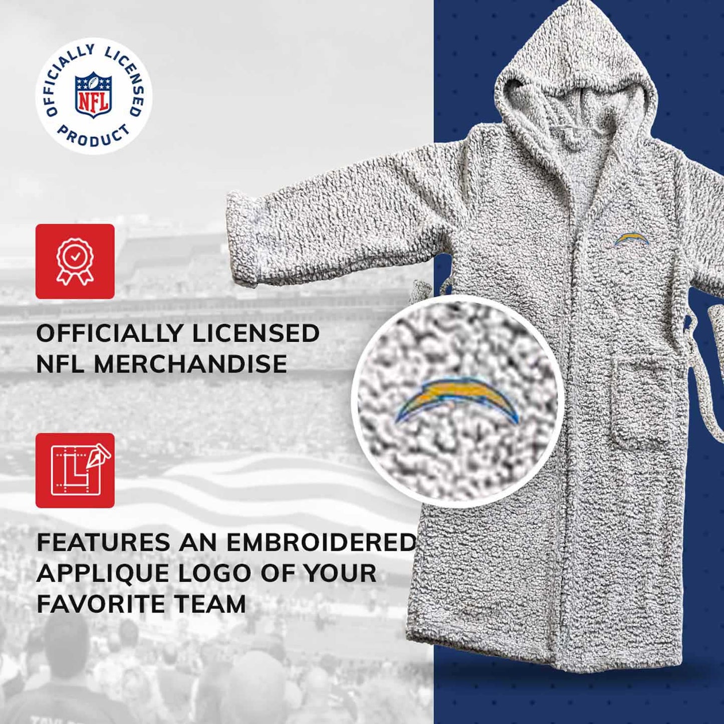 Los Angeles Chargers NFL Plush Hooded Robe with Pockets - Gray