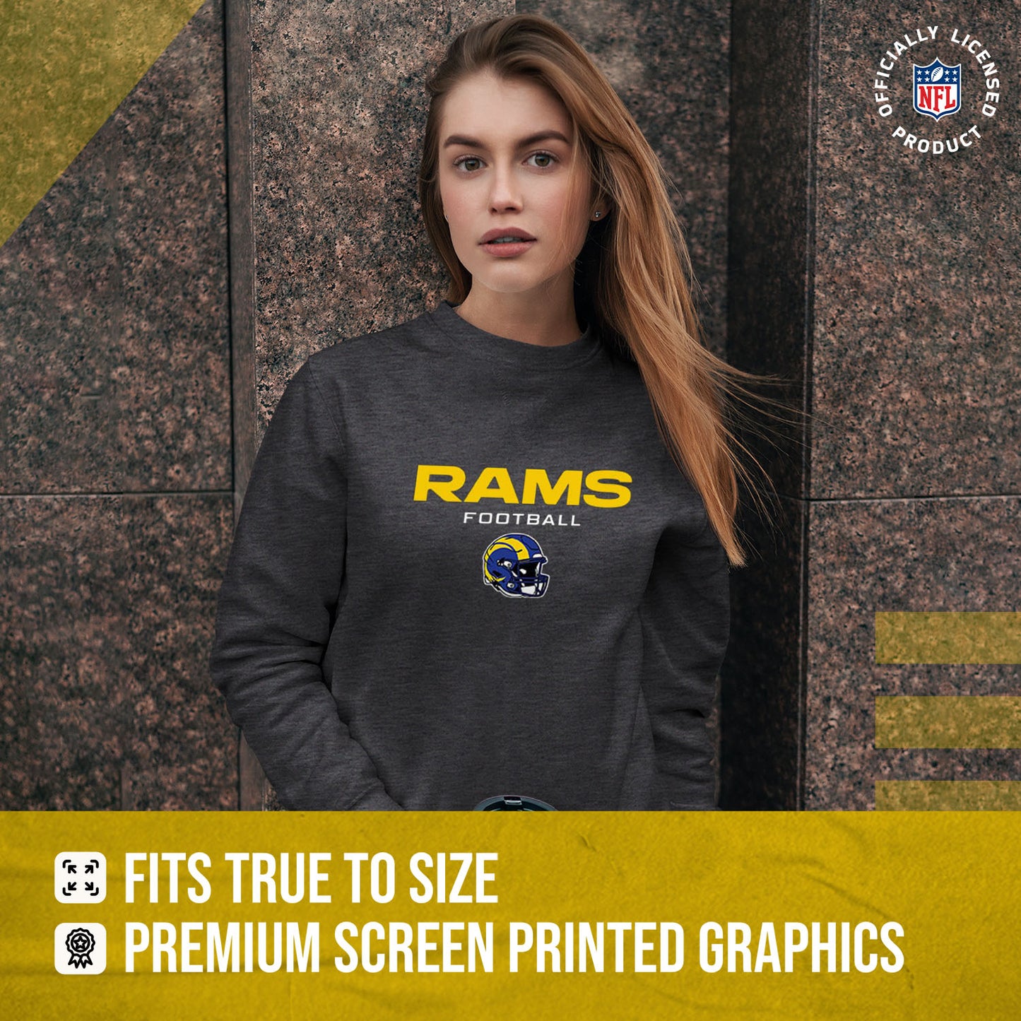 Los Angeles Rams Women's NFL Football Helmet Charcoal Slouchy Crewneck -Tagless Lightweight Pullover - Charcoal