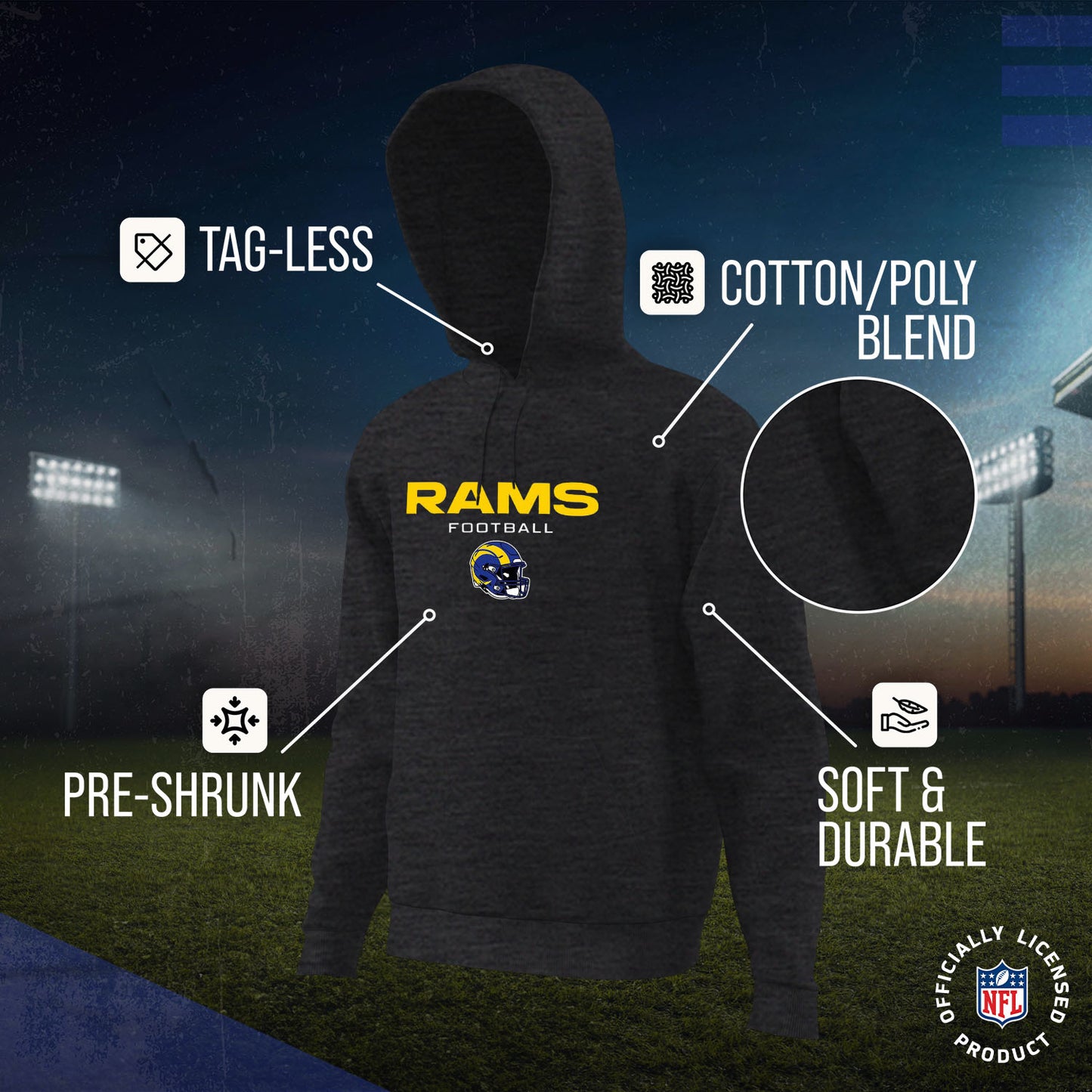Los Angeles Rams Adult NFL Football Helmet Heather Hooded Sweatshirt - Charcoal
