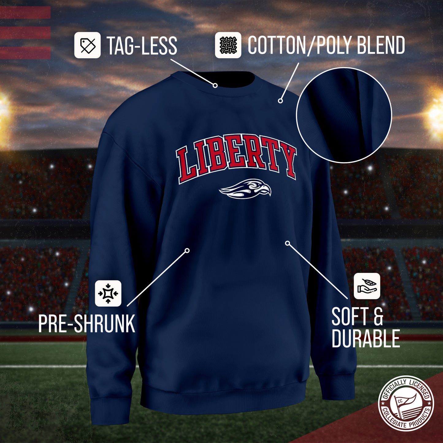 Liberty Flames Adult Arch & Logo Soft Style Gameday Crewneck Sweatshirt - Navy