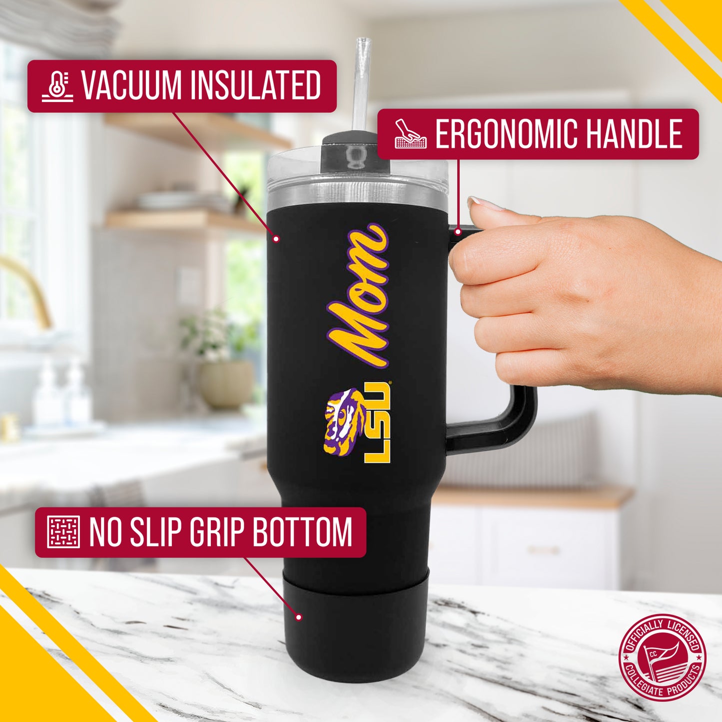 LSU Tigers Collegiate 40oz Stainless Steel Travel Tumbler with Handle for Mom - Black