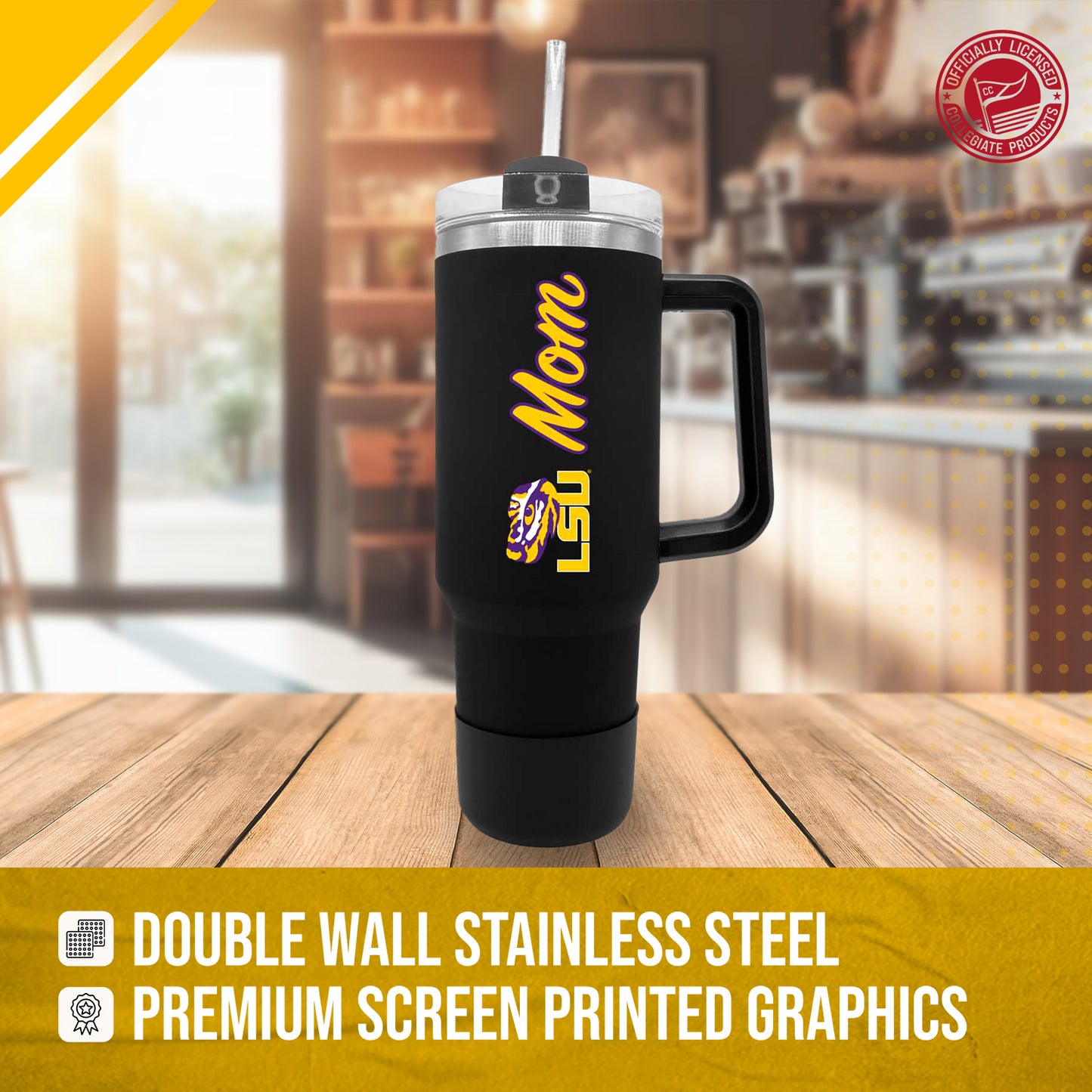LSU Tigers Collegiate 40oz Stainless Steel Travel Tumbler with Handle for Mom - Black