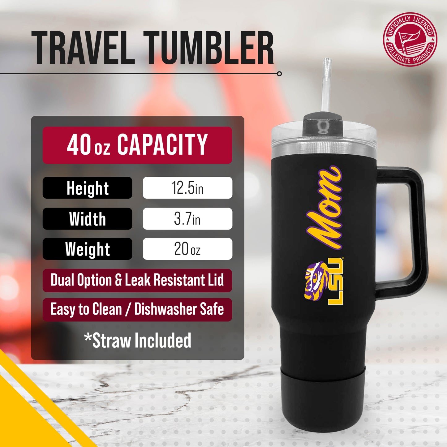 LSU Tigers Collegiate 40oz Stainless Steel Travel Tumbler with Handle for Mom - Black