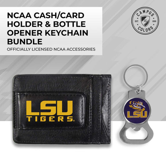 LSU Tigers School Logo Leather Card/Cash Holder and Bottle Opener Keychain Bundle - Black