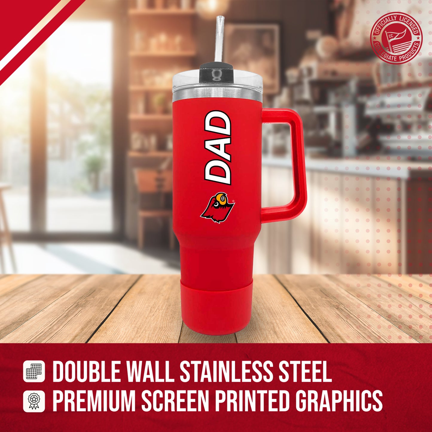 Louisville Cardinals Collegiate 40oz Stainless Steel Travel Tumbler with Handle for Dad - Red