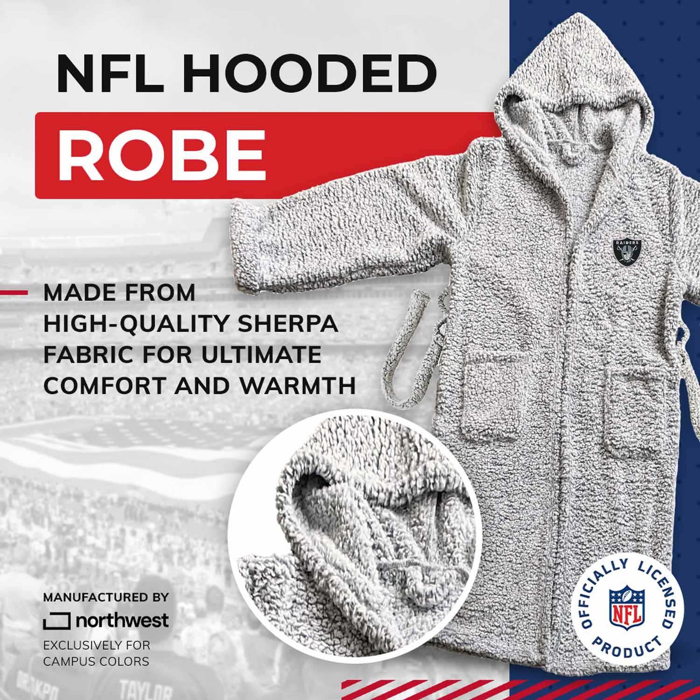 Las Vegas Raiders NFL Plush Hooded Robe with Pockets - Gray