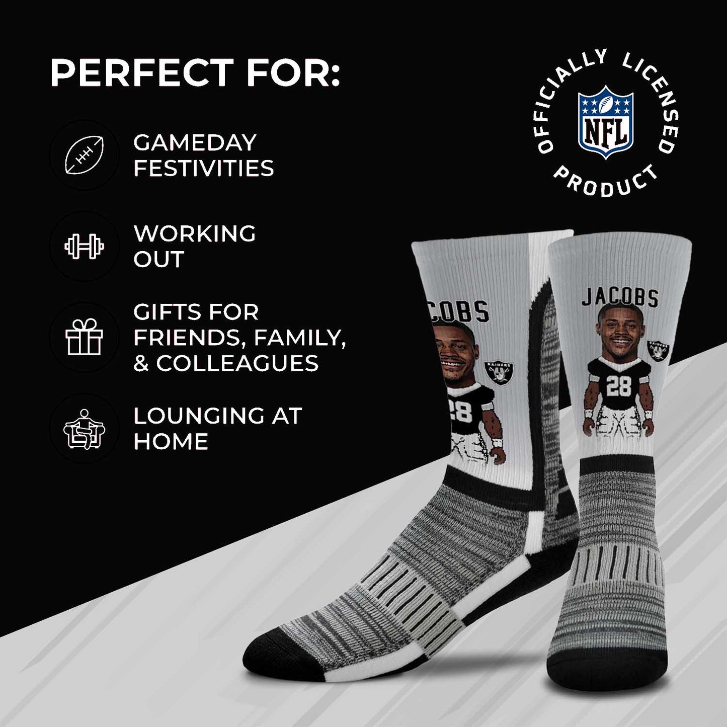 Las Vegas Raiders FBF NFL Adult V Curve MVP Player Crew Socks - Sport Gray