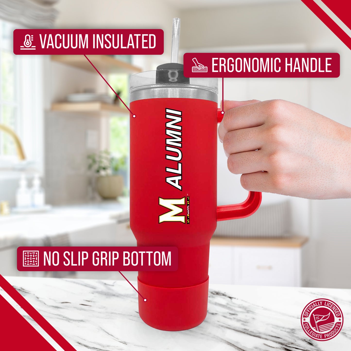 Maryland Terrapins Collegiate 40oz Stainless Steel Travel Tumbler with Handle for Alumni - Red