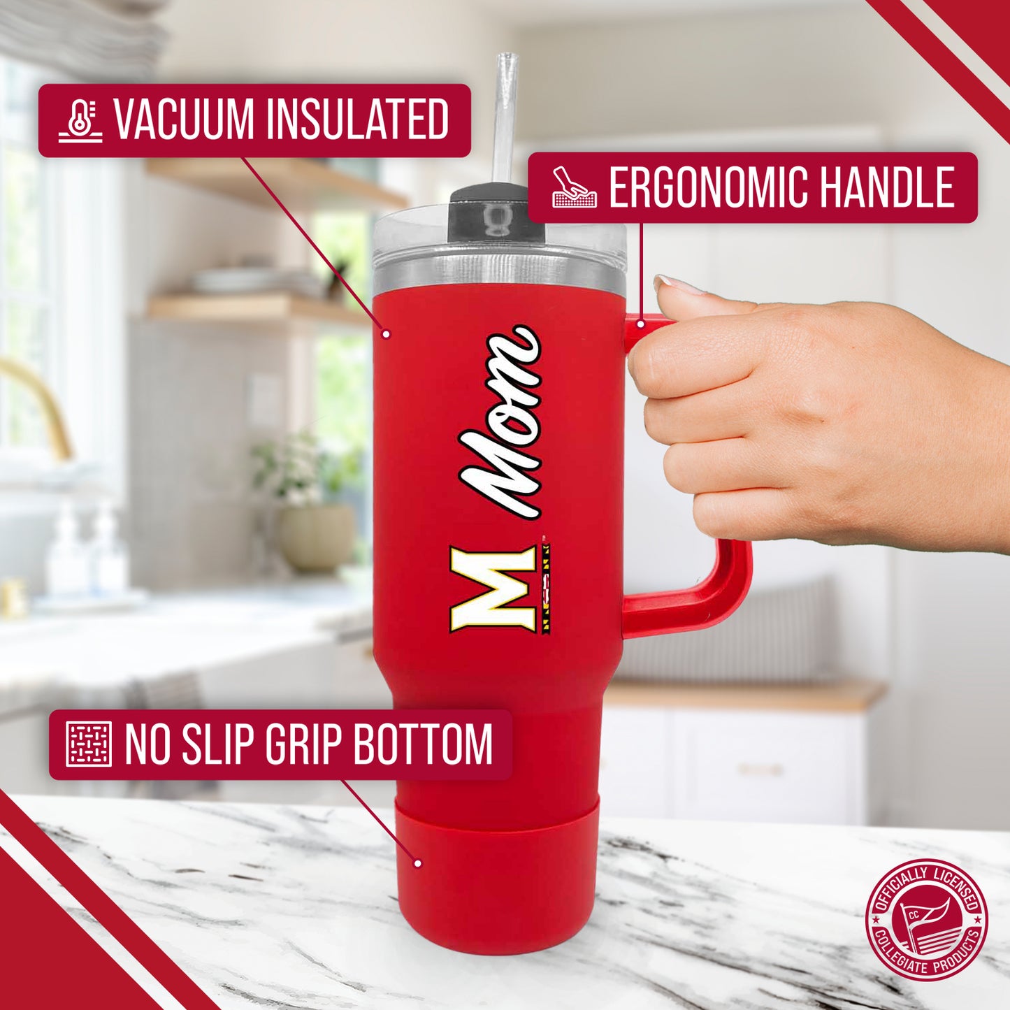 Maryland Terrapins Collegiate 40oz Stainless Steel Travel Tumbler with Handle for Mom - Red